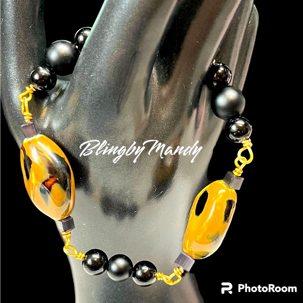 💞gorgeous link bracelet with ceramic leopard spotted beads